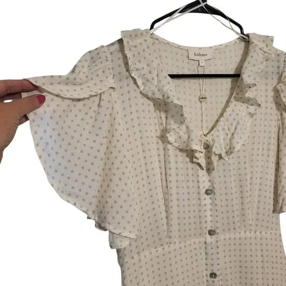 Bohme Ruffle Neck Polka Dot Flutter Sleeve Button Front Boho Midi Dress, L NEW - Picture 6 of 16